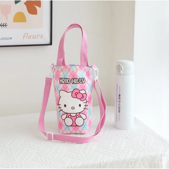Hello Kitty Crossbody Water Bottle Bag – Cute Canvas Argyle Tote - Picture 1 of 1